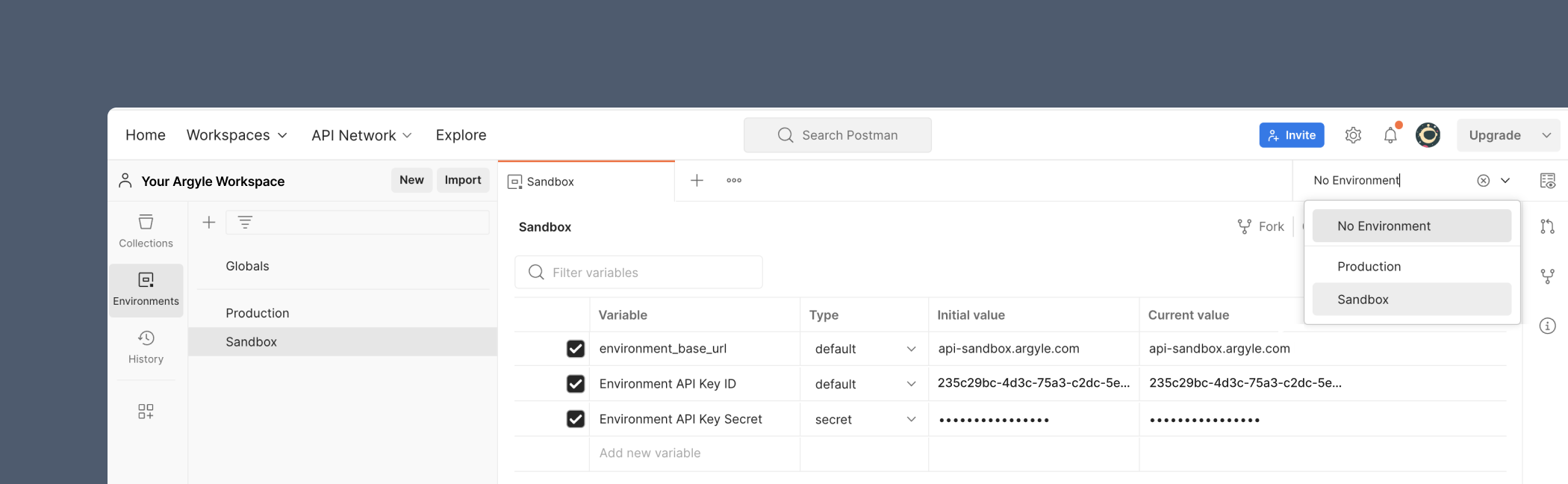 Save environment variables in Postman to quickly switch between using the Sandbox and Production API's.