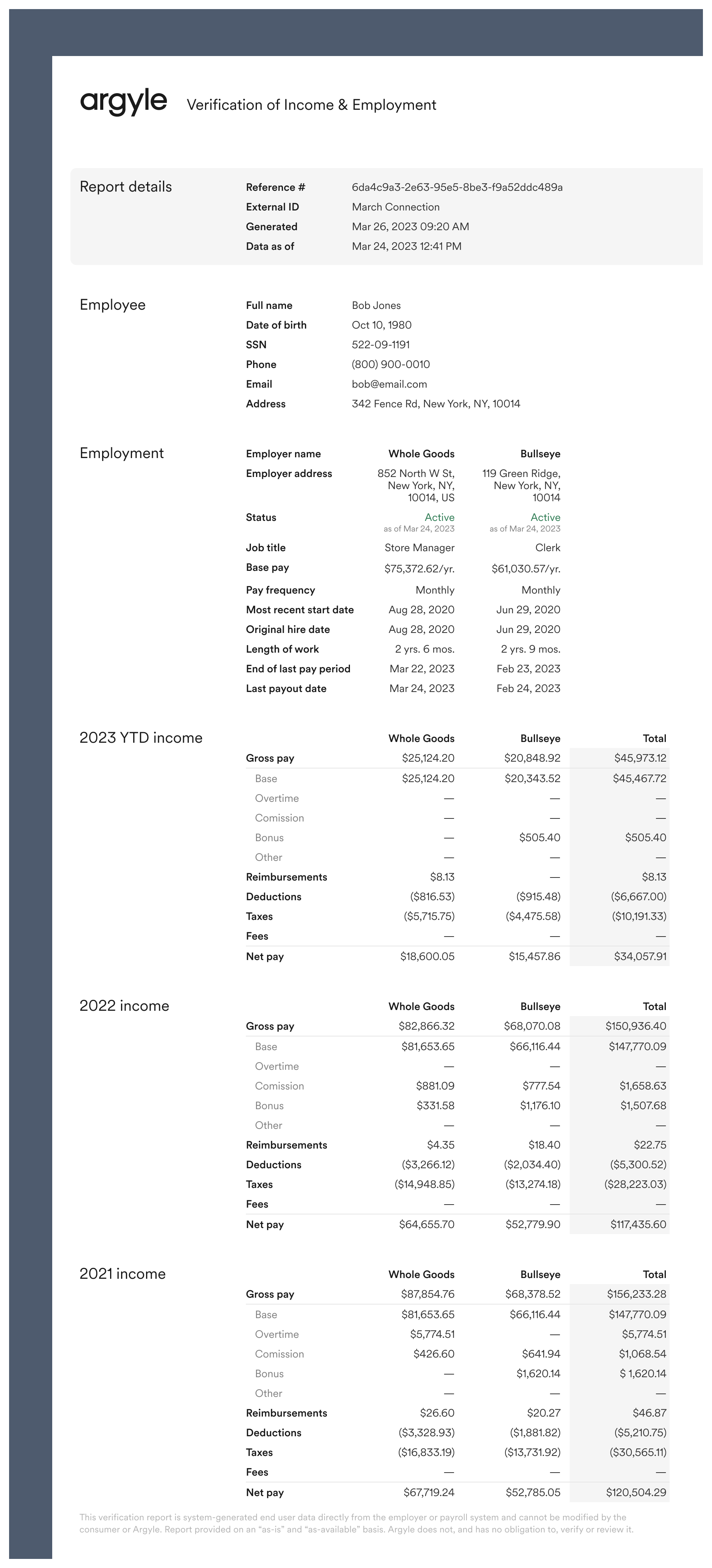 Image of Argyle's Verification of Employment (VOE) report.