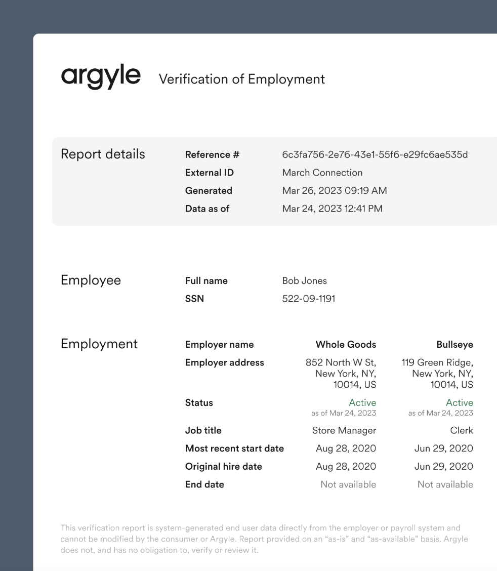 Image of Argyle's Verification of Employment (VOE) report.