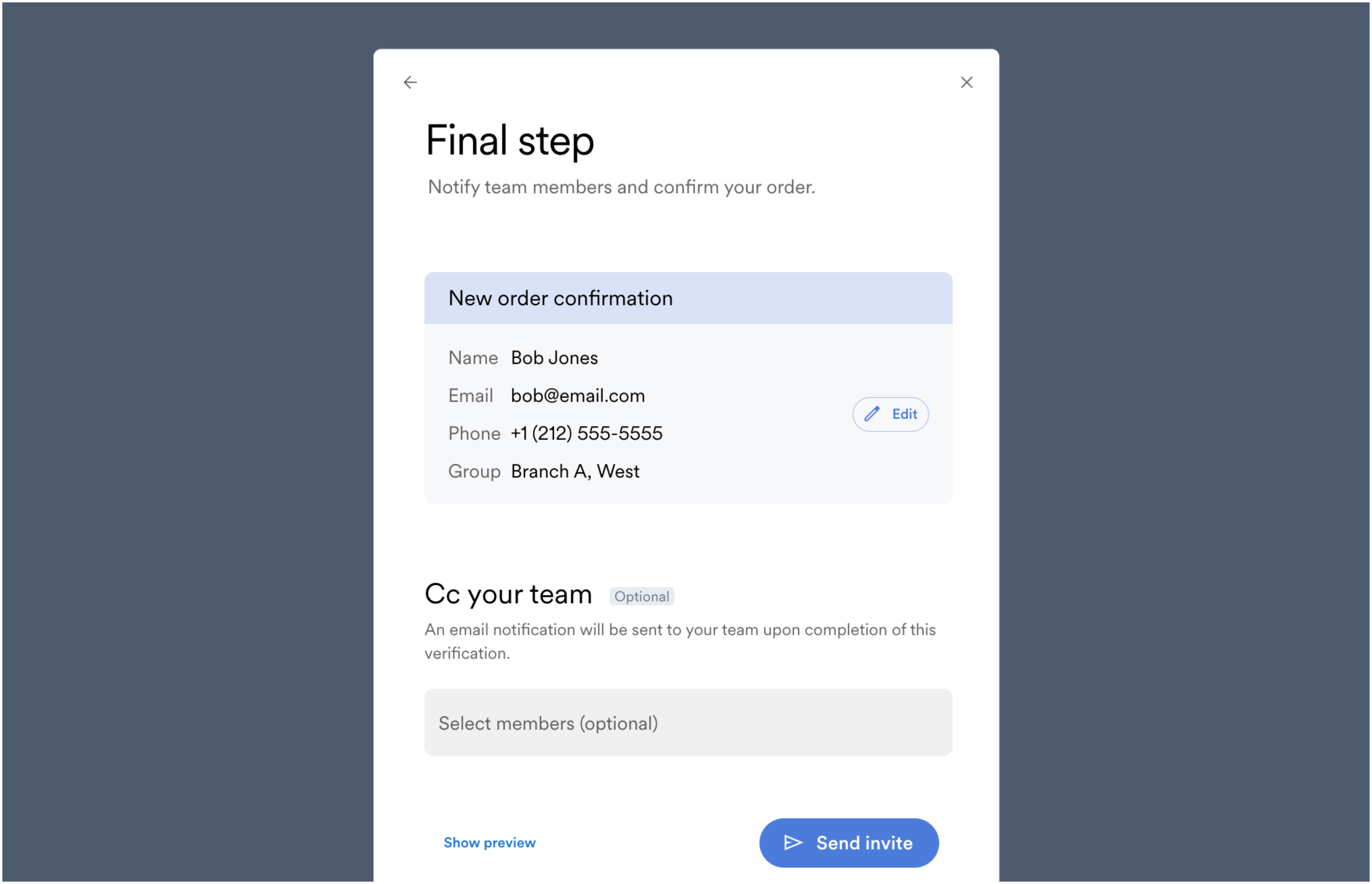 The last step before sending an invite where you can cc other members of your team.