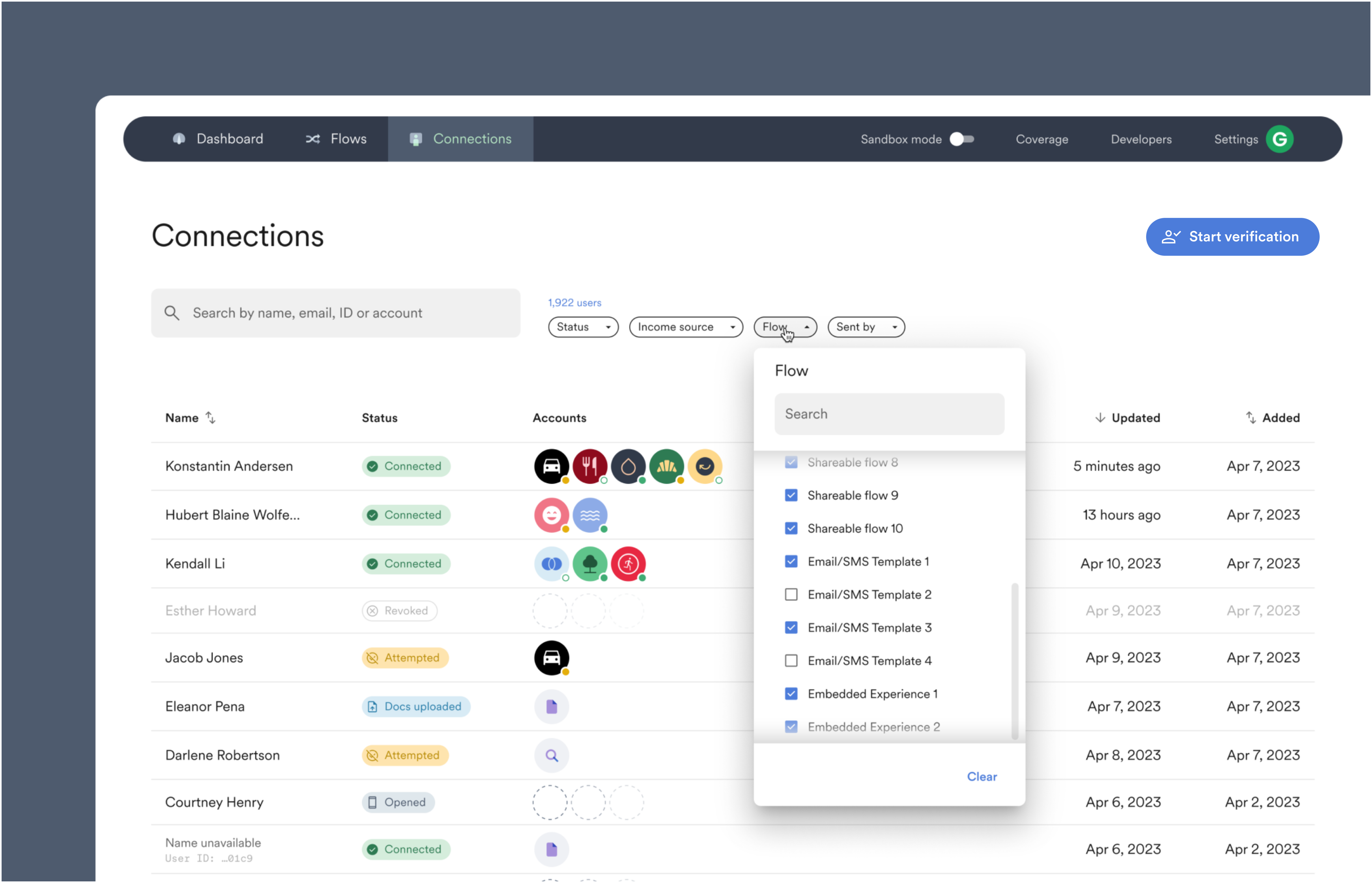 The Flow filter in the Connections section of Console lets you filter users by what Link Flow they experienced.