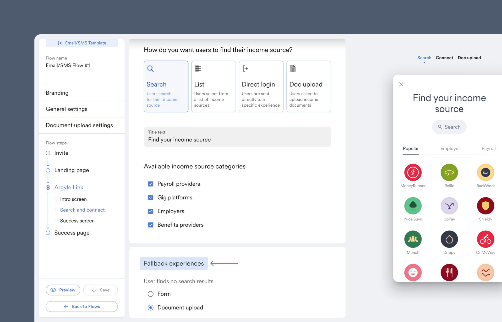 Select fallback experience to view different options you can give users who cannot find or connect to their payroll account.