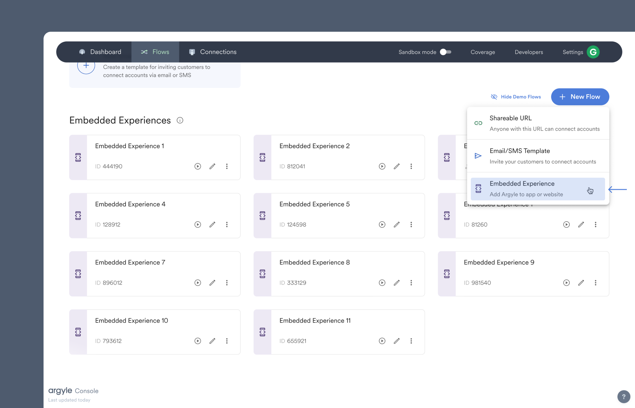 You can create Embedded Experience flows in the Flows section of Console.