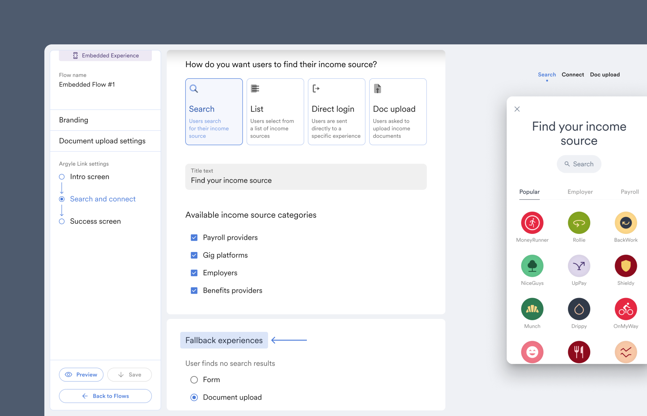 Select fallback experience to view different options you can give users who cannot find or connect to their payroll account.