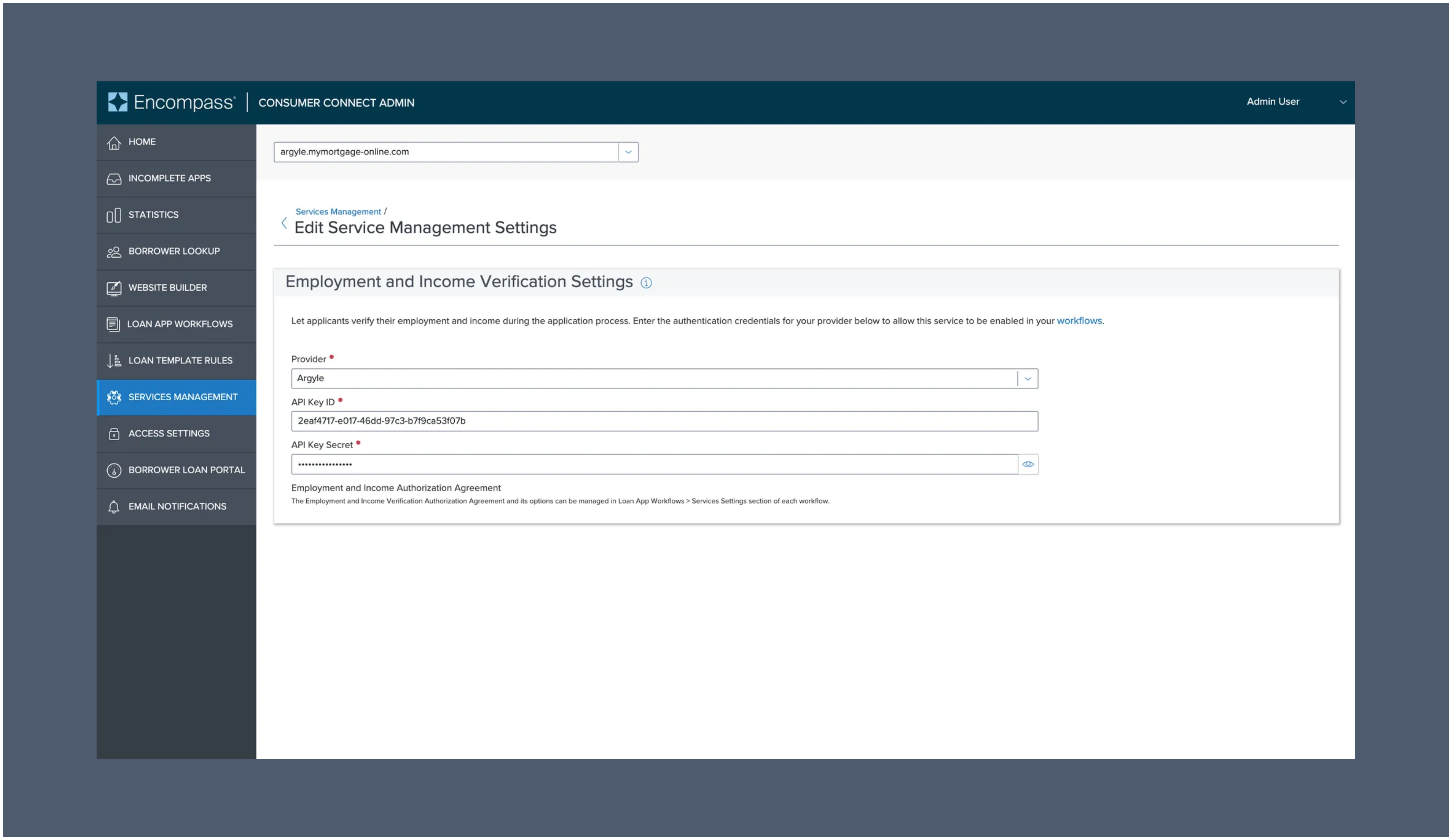 Enter your API key and secret, which can be found or created in Argyle Console.