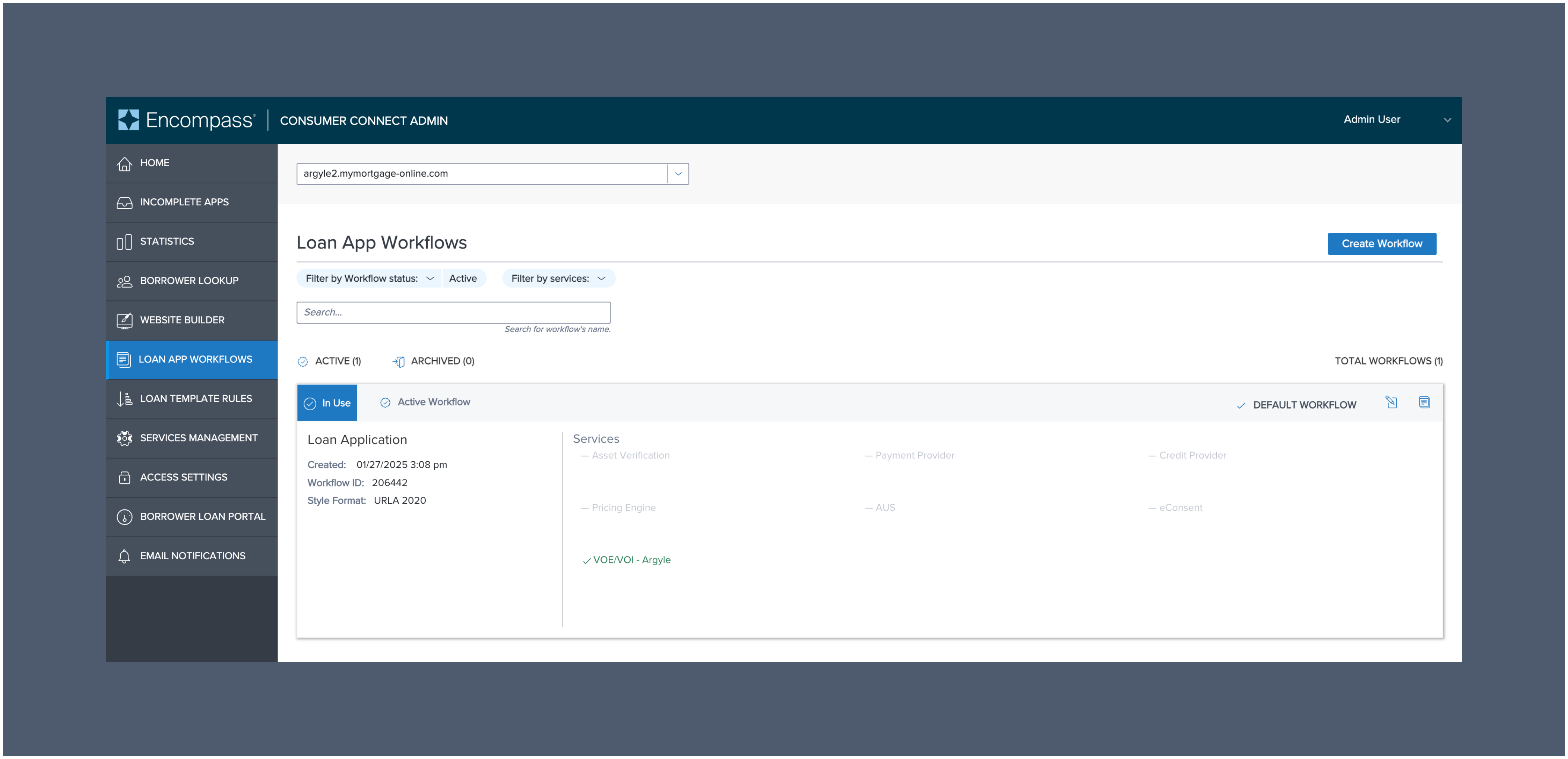 Select Create Workflow in the upper right after select LOAN APP WORKFLOWS.
