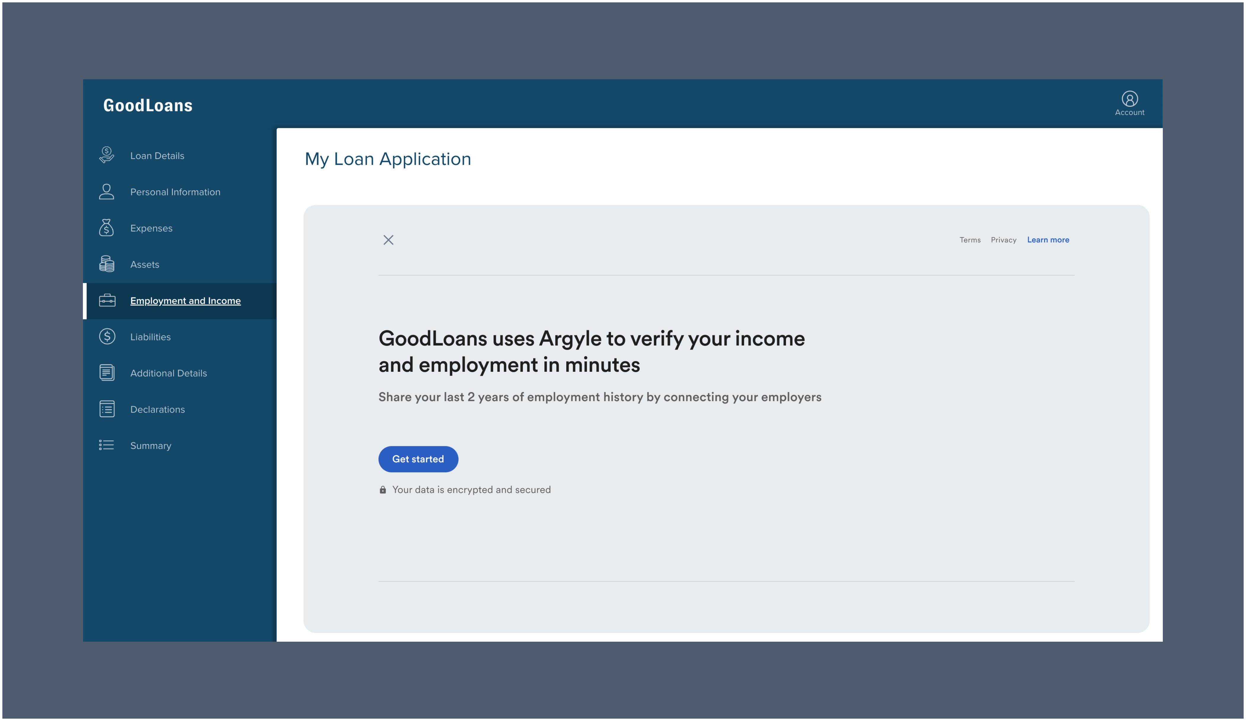 The Argyle interface will help guide the borrower in connecting their payroll accounts.