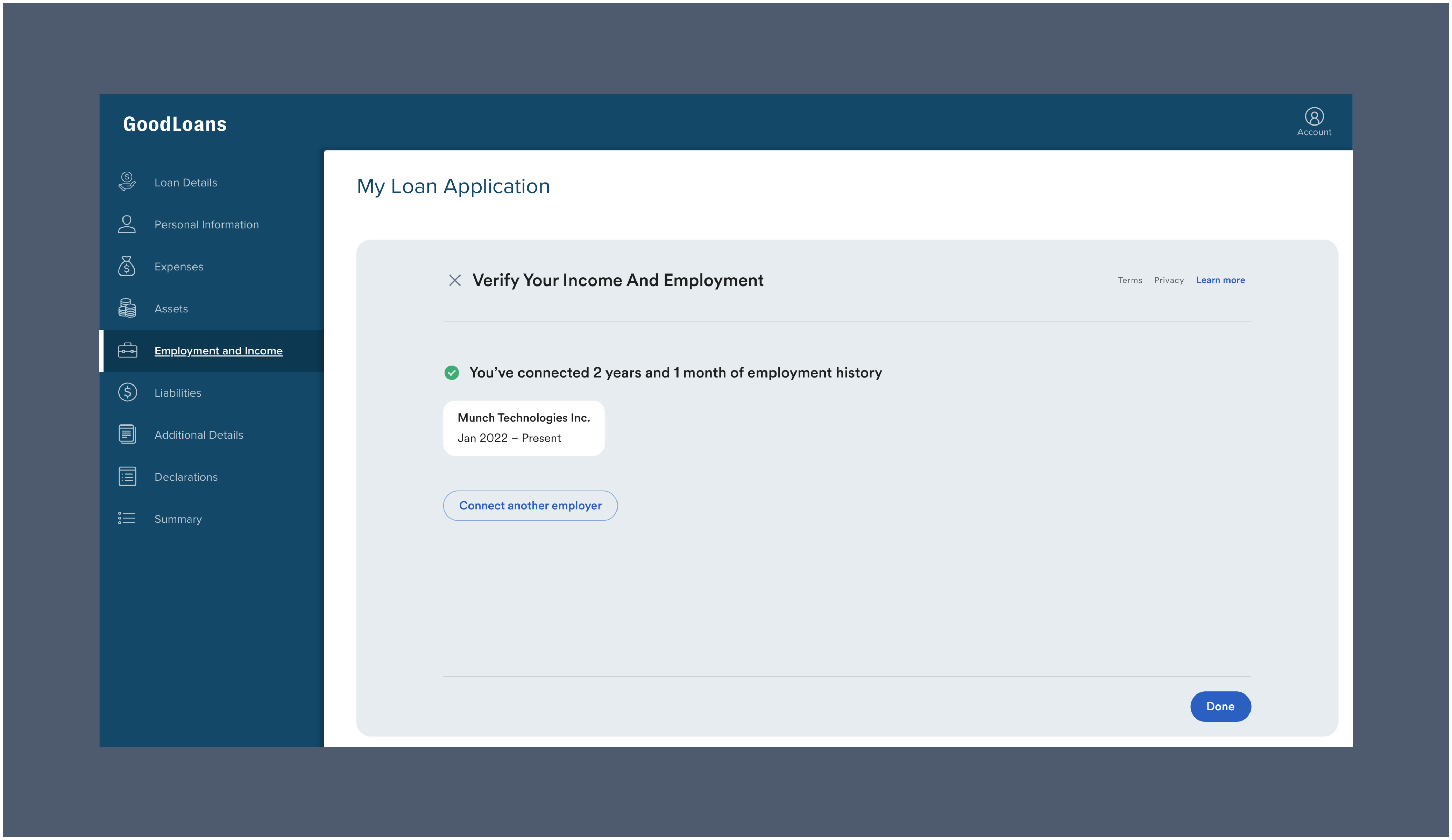 After the borrower finishes connecting their accounts, Argyle will check if there is a sufficient amount of employment history before the borrower can exit to complete the process.