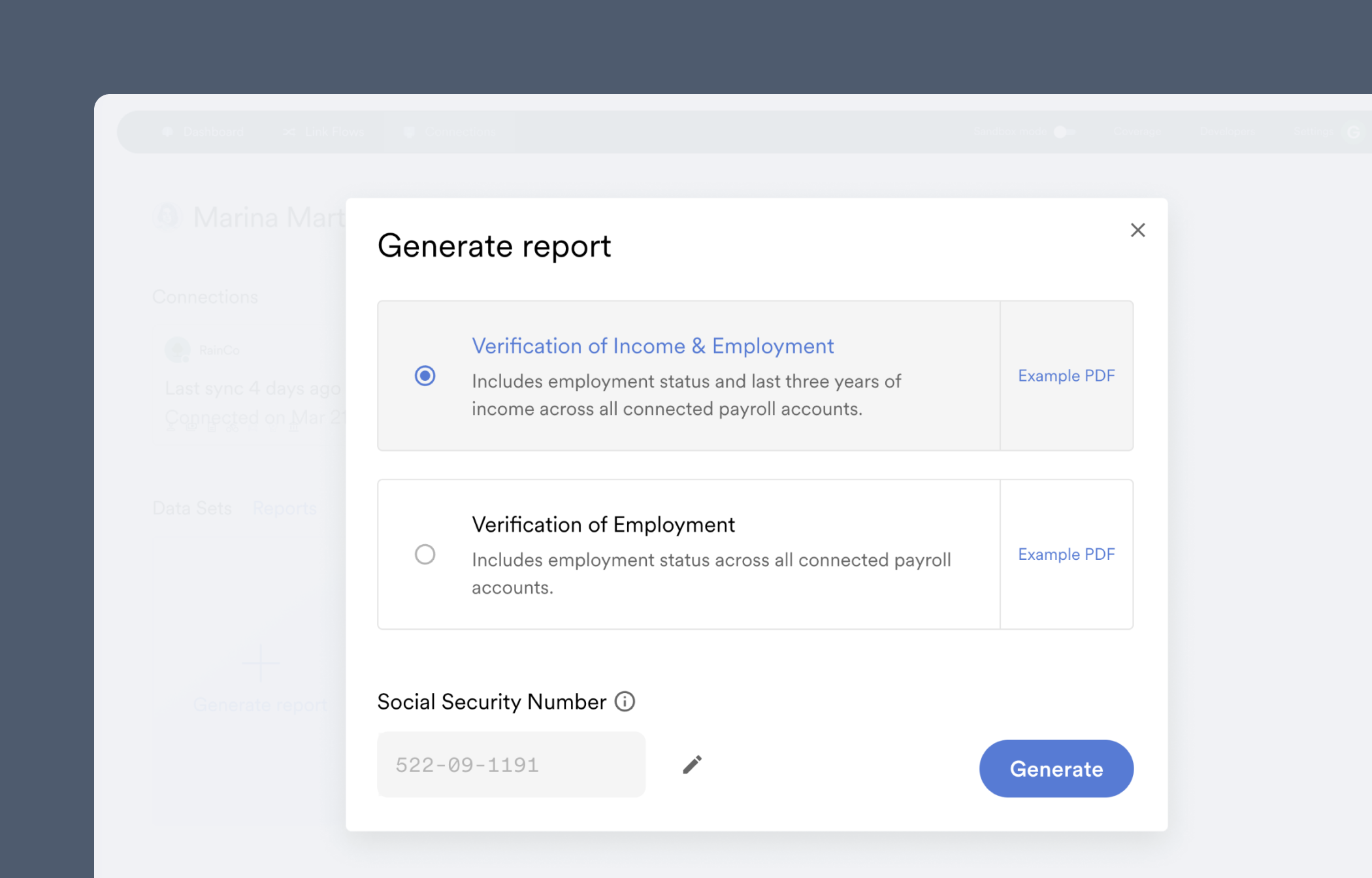 Generate a D1C verification of income or verification of employment report through Argyle Console.