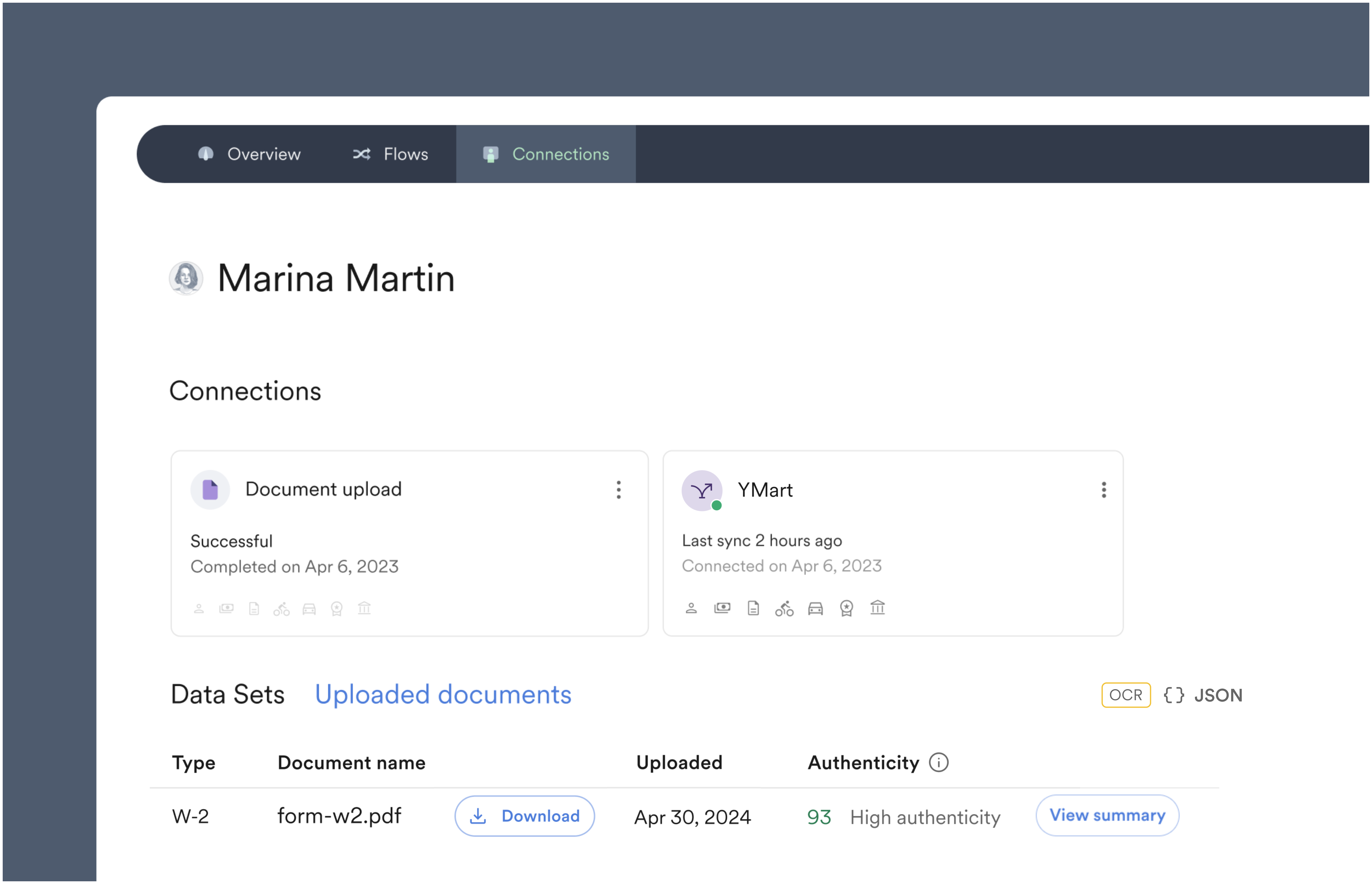 Uploaded document OCR information can be viewed by selecting the {} JSON toggle within the Connections sections of Console.