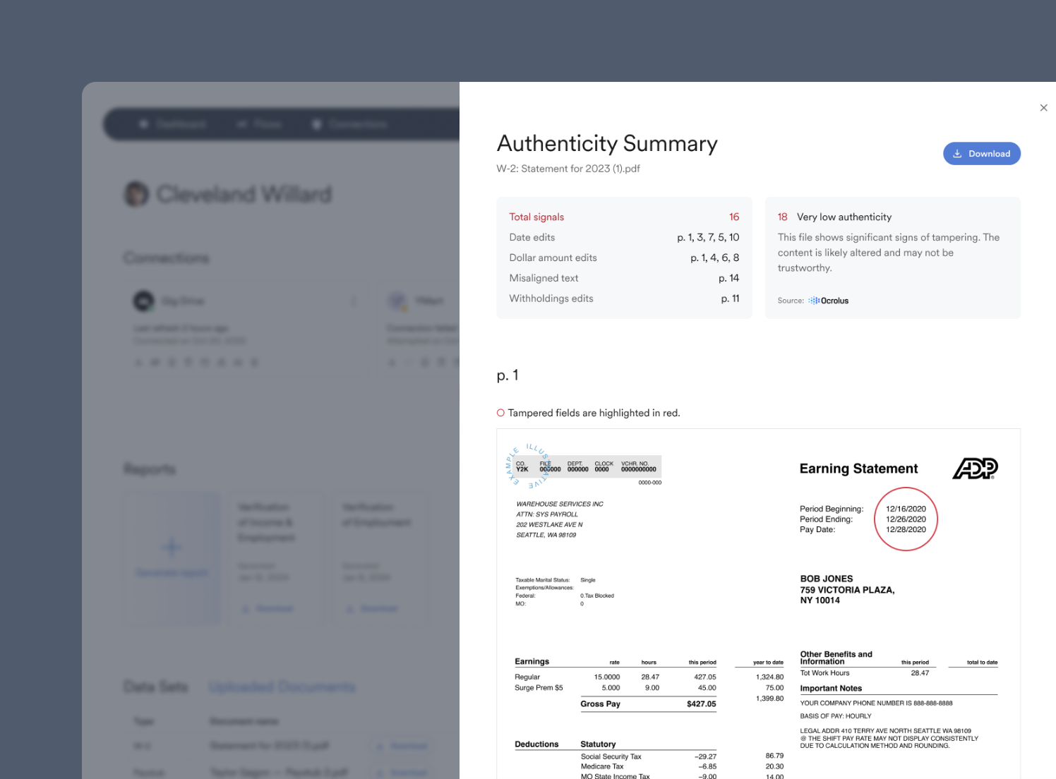 Summary information of document authenticity returned by Ocrolus can be viewed in Console.