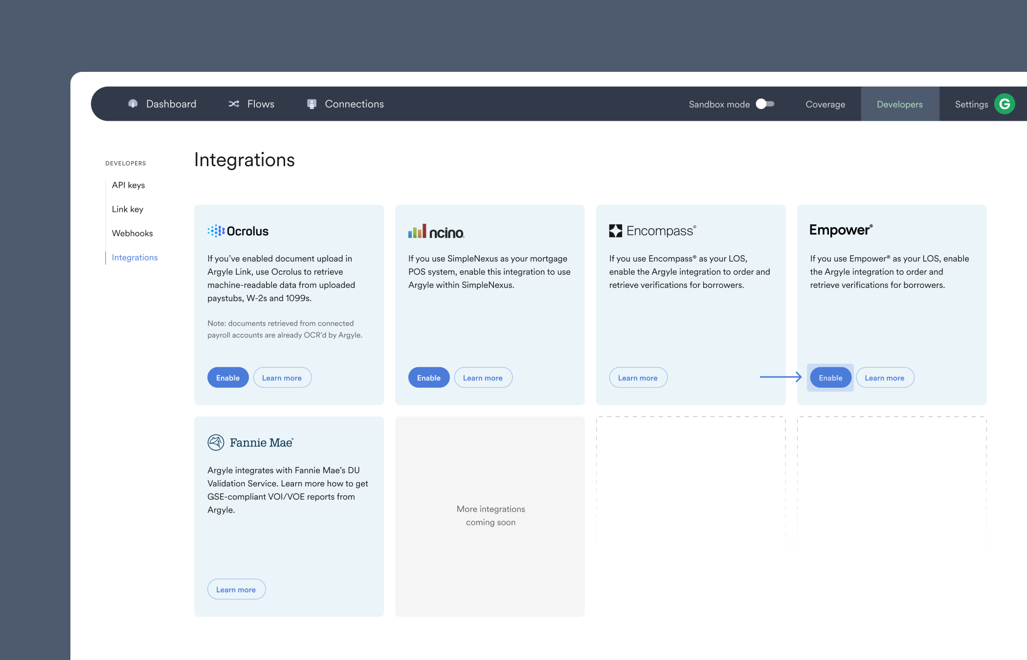 Enable Argyle's integration with Empower by entering your Party IDs within the Integrations section of Argyle Console.