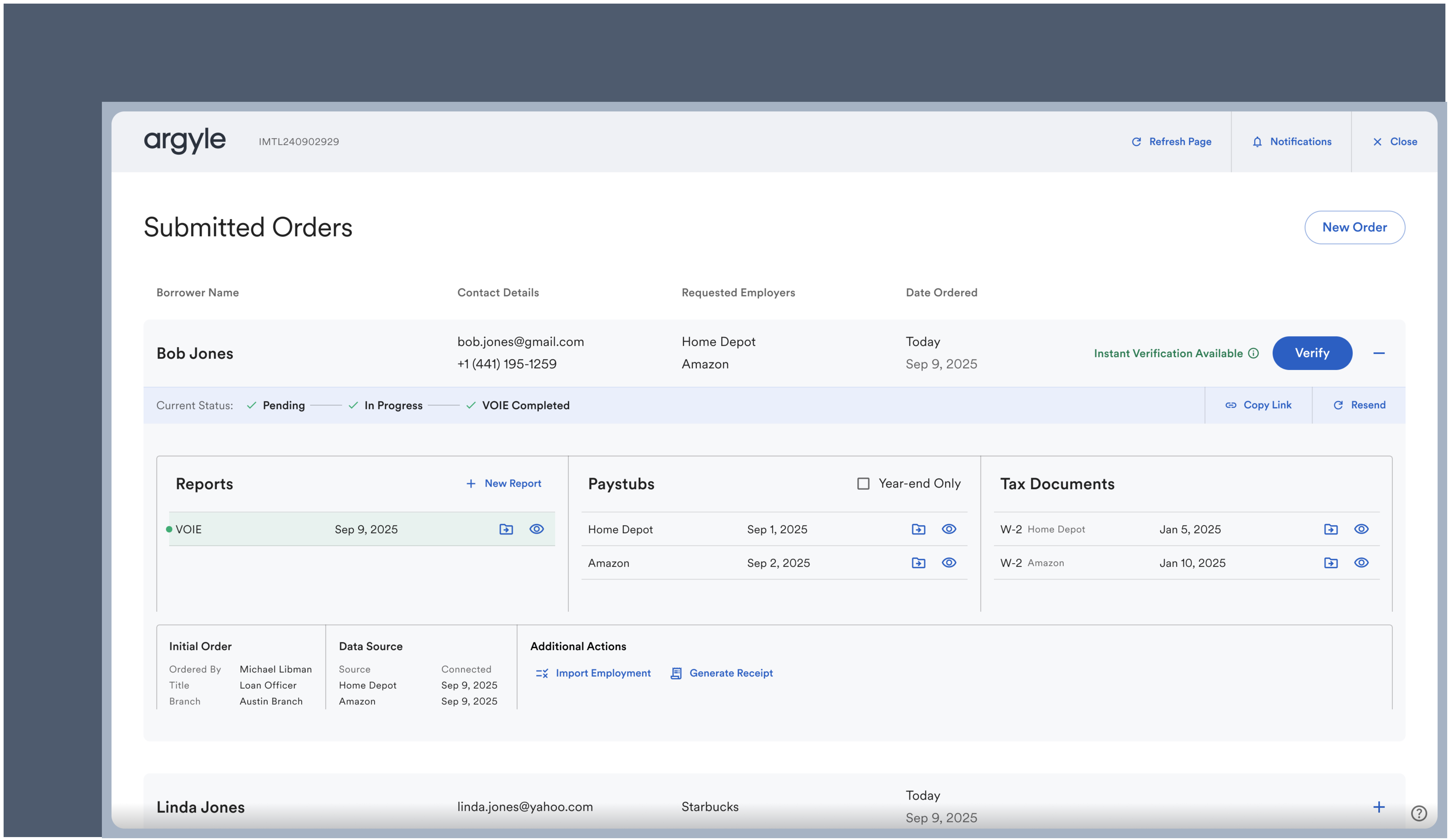 Select an individual borrower to view Argyle verification reports and payroll documents.