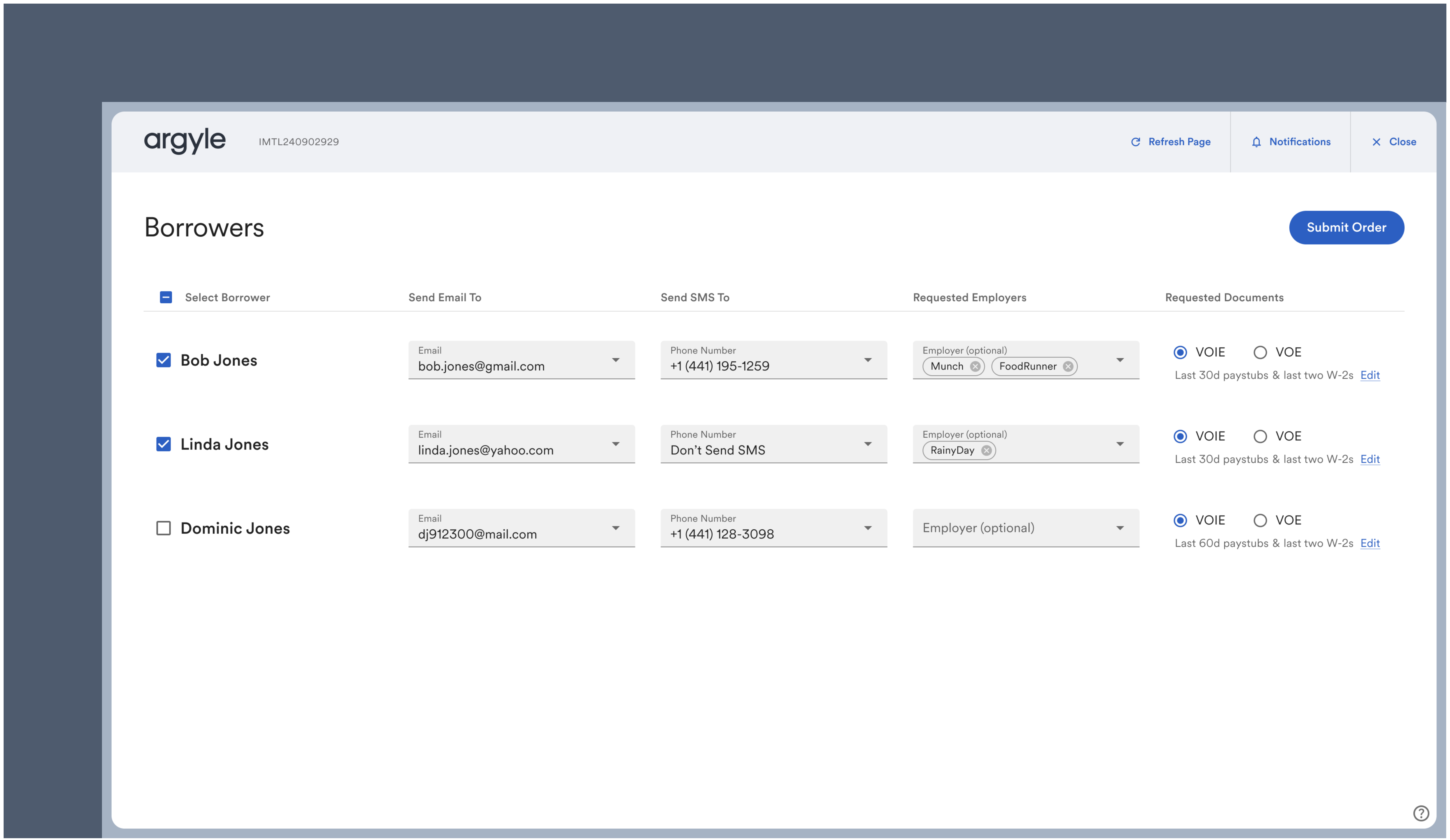 Invite borrower(s) and choose which payroll documents and reports to receive within Argyle's interface.