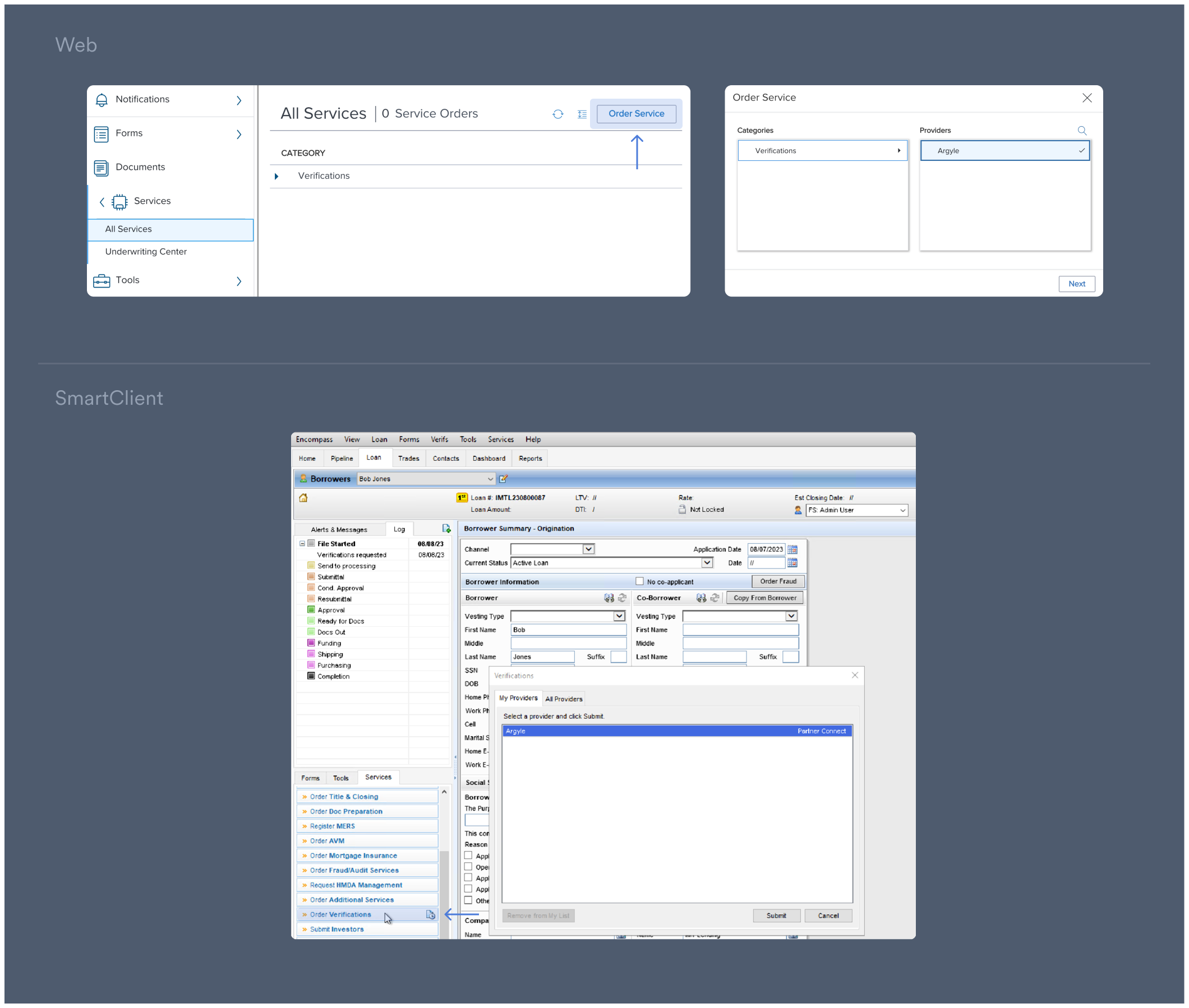 Order an Argyle verification service directly within Encompass.