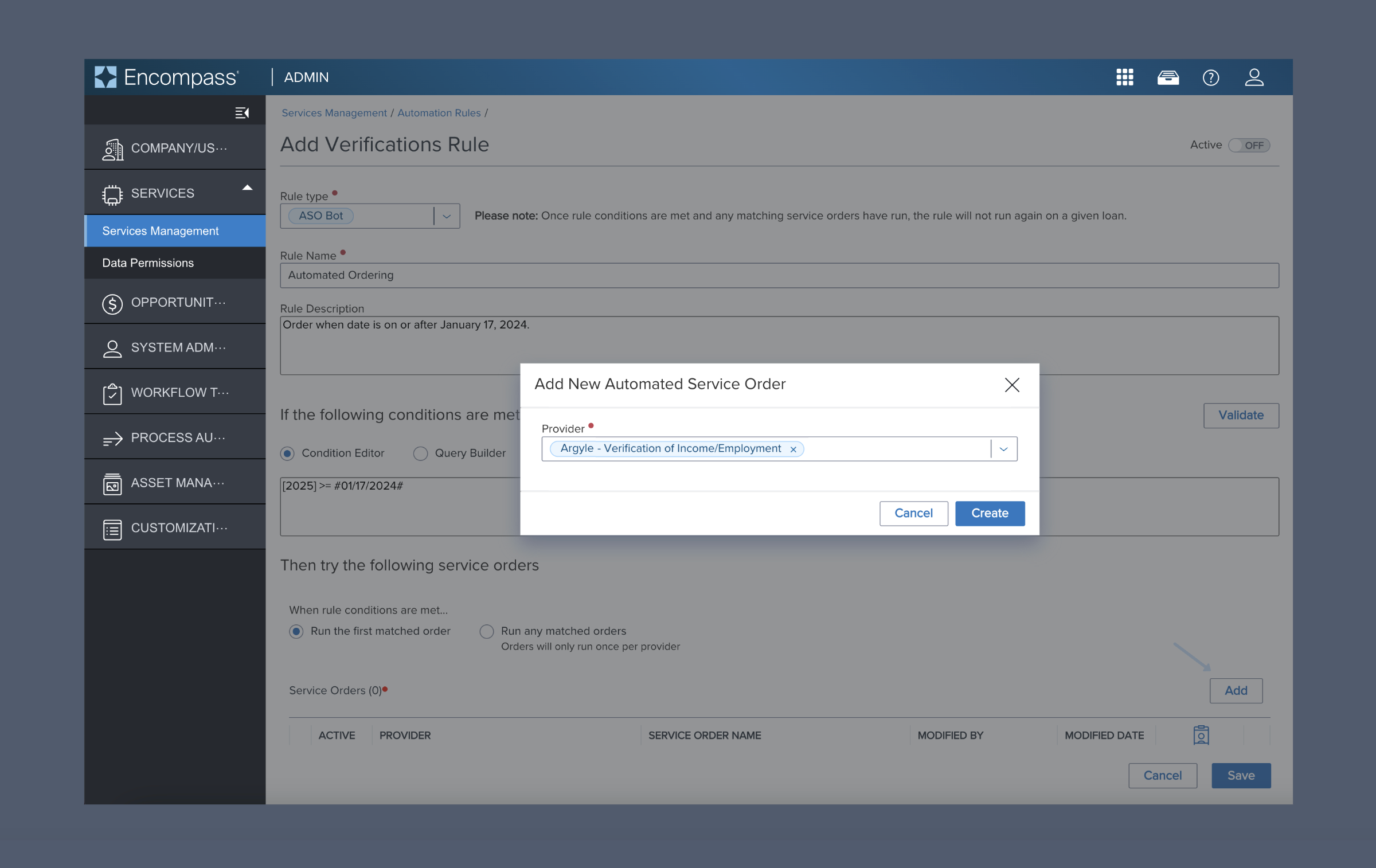 Add a new automated Encompass service order for Argyle - Verification of Income/Employment