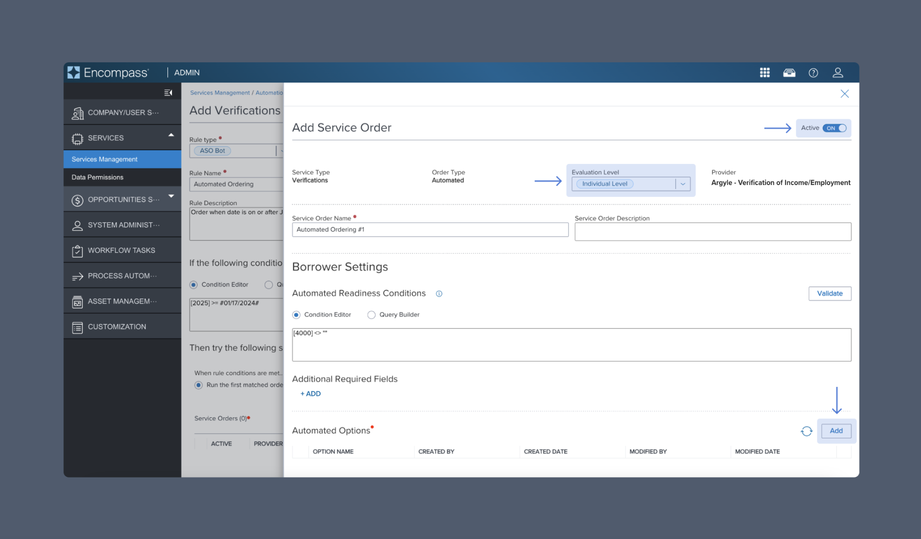 Add an Argyle Service Order in Encompass.