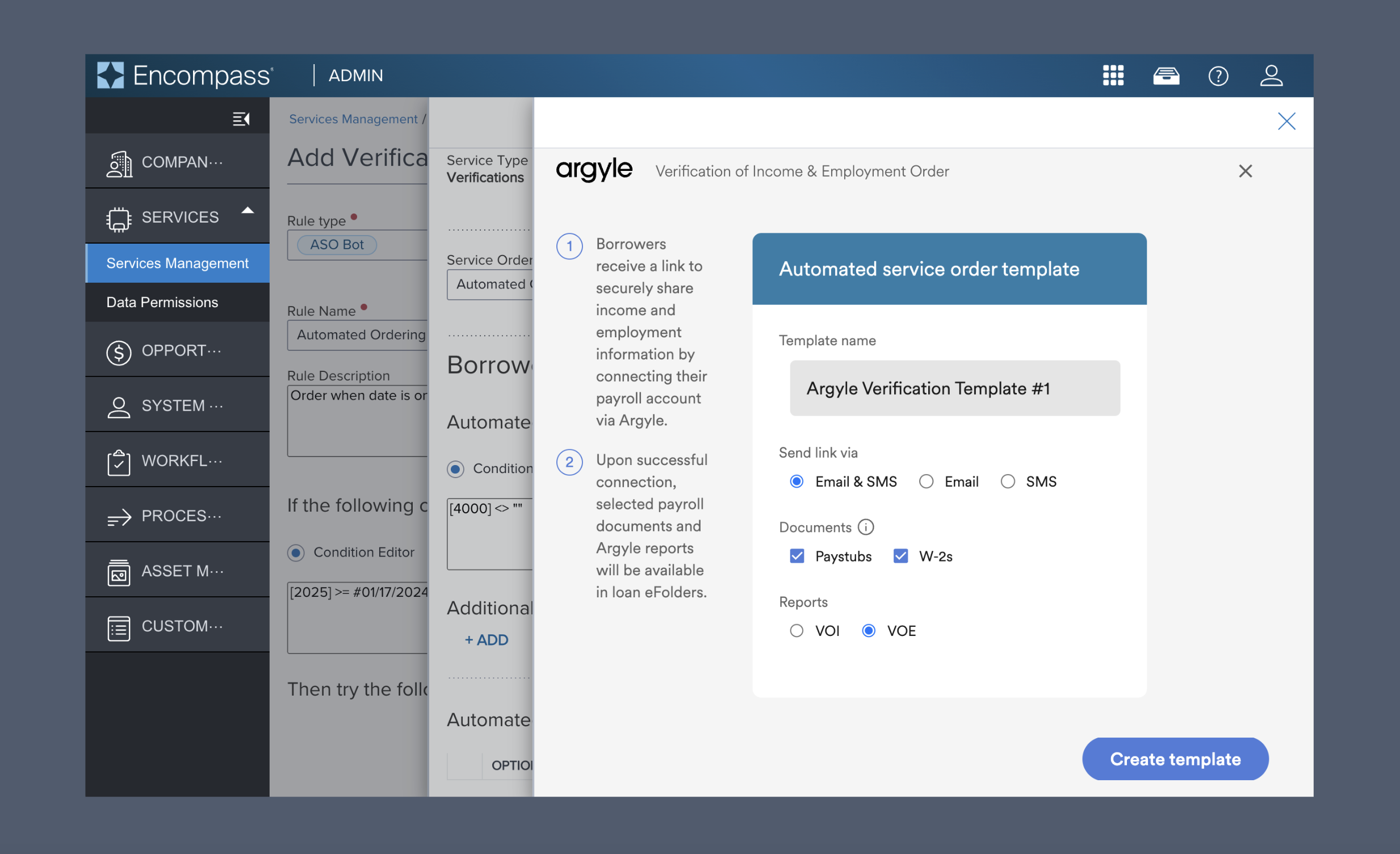 Select which Argyle verification report should automatically be ordered via Encompass.