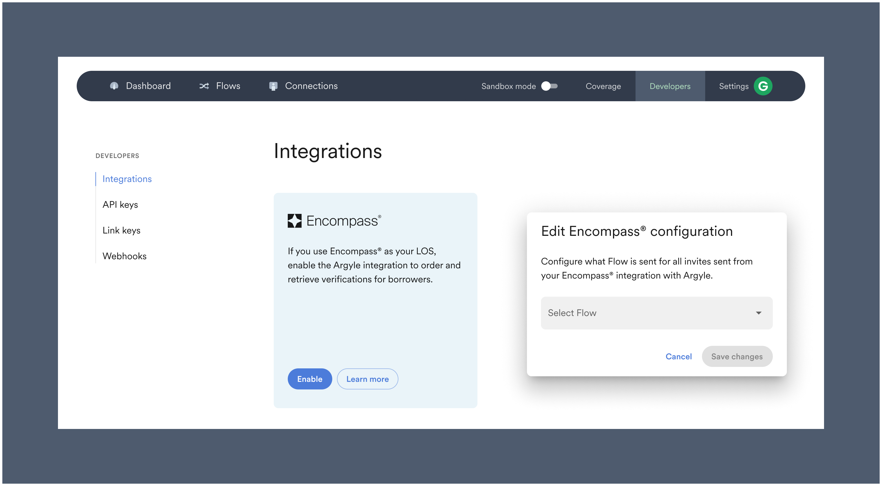 You must enable Encompass in the Integrations section of Argyle Console.