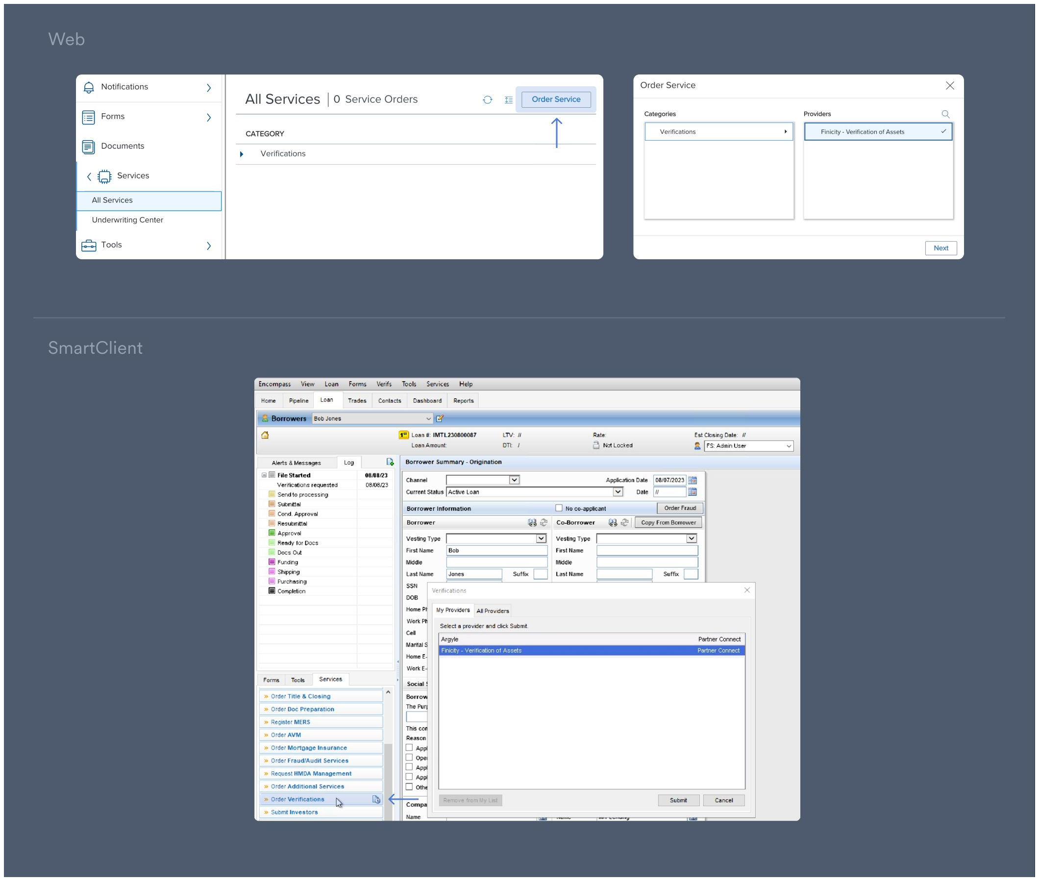 Order asset verification service directly within Encompass.
