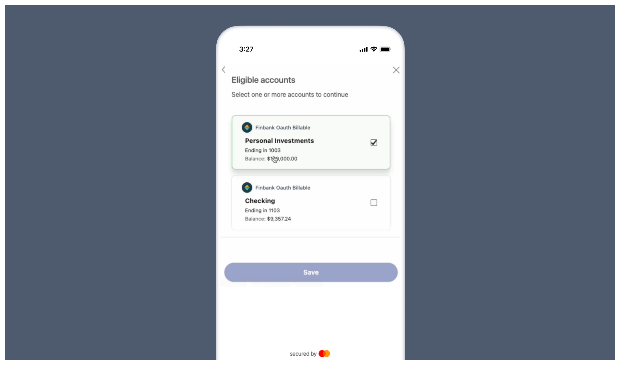 After connecting a financial institution, borrowers select which accounts to connect.