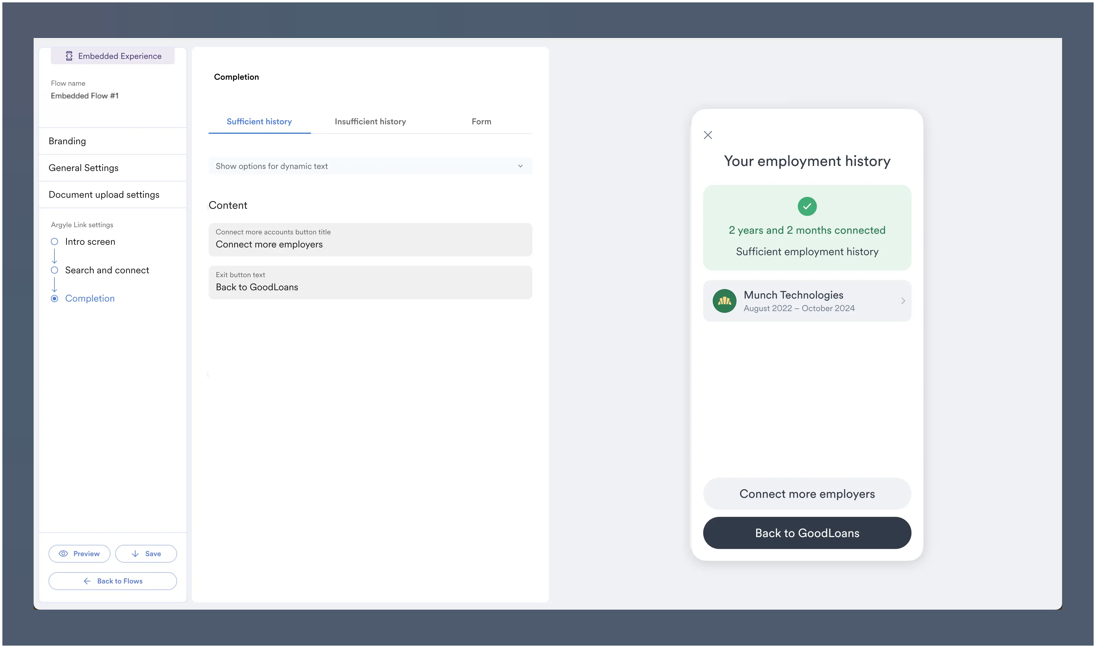 The sufficient employment history screen's language can be adjusted.