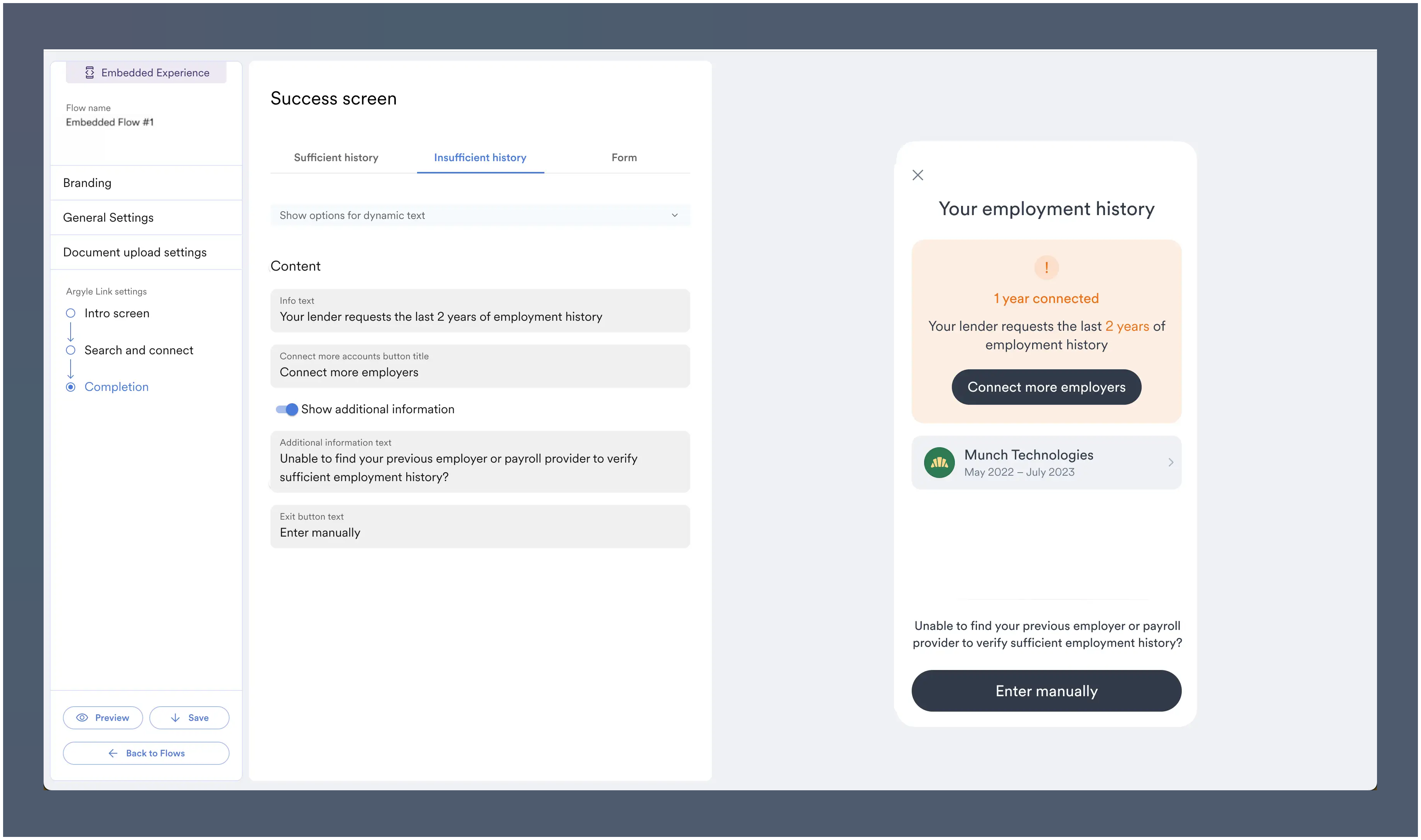 The insufficient employment history screen's language can be adjusted.