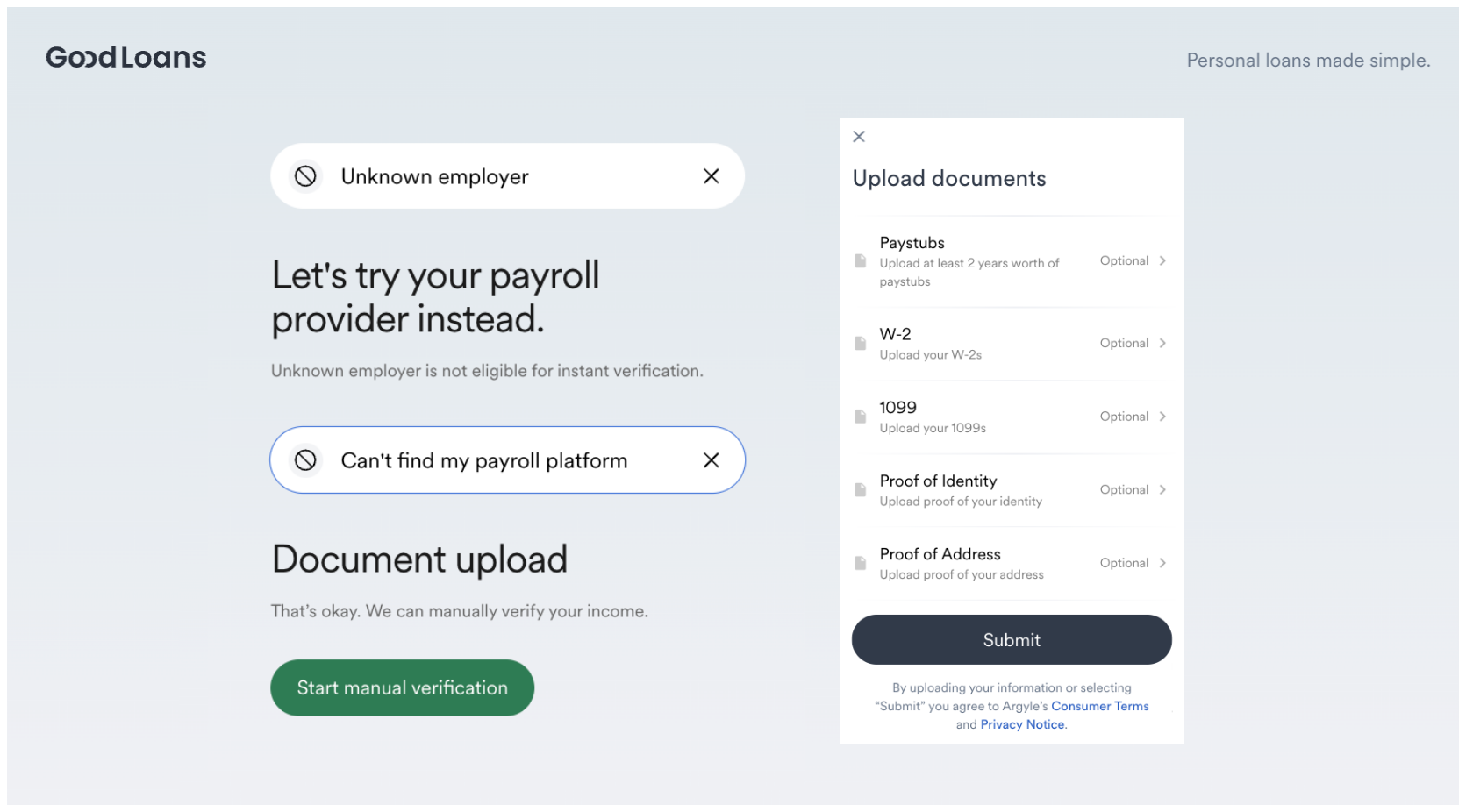 If the user cannot find their employer or payroll provider, a fallback flow such as uploading documents as shown in this image is possible in Link.