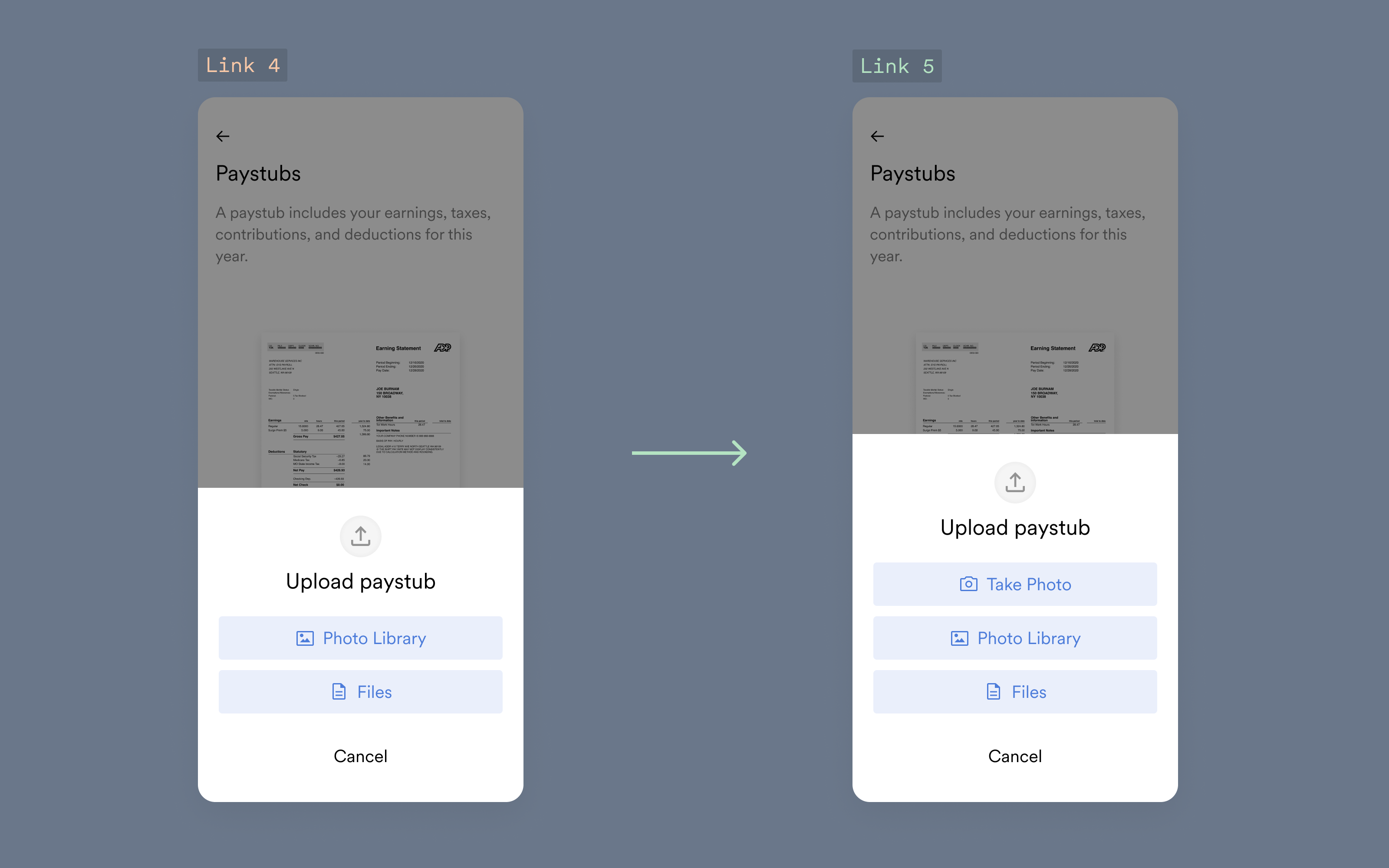 Take photo is now an option in Link 5 when uploading payroll documents including W-2s, 1099s, and paystubs.