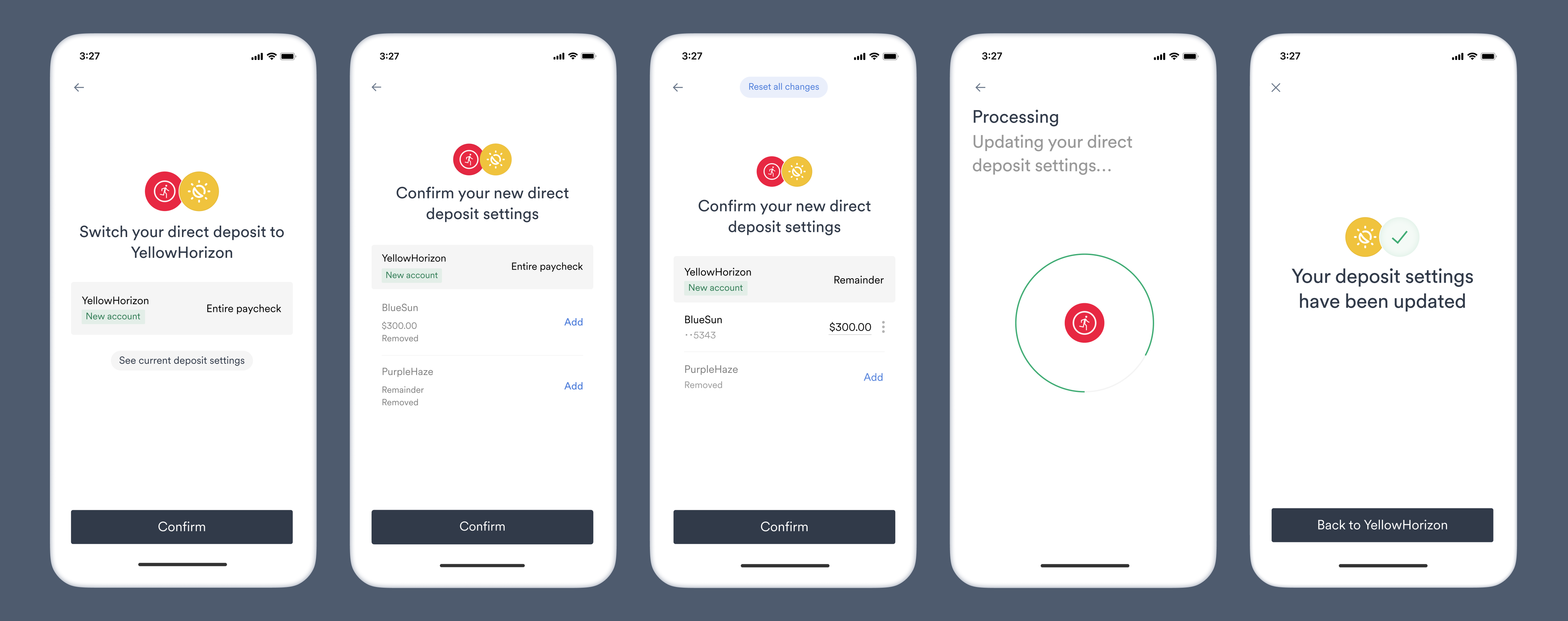 Deposit switching flow for full paycheck with adjustments possible.