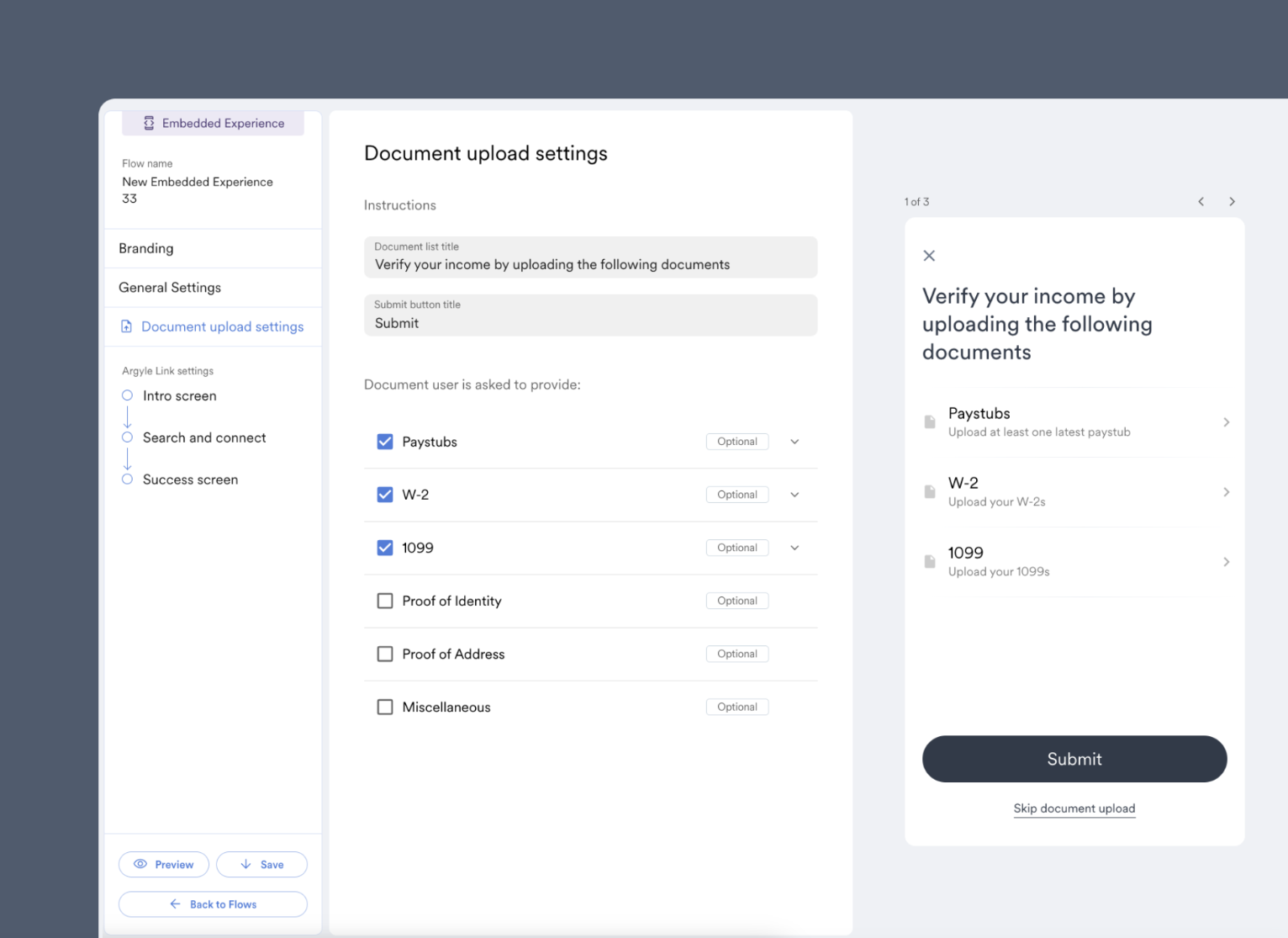 If all document upload categories are marked as optional, the option to skip document upload will be presented to users.